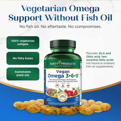 Purity Products Vegan Omega 3 6 9 Formula - “5 in 1” Essential Fatty Acid Complex - Scientifically Formulated Plant-Based Vegan Omega 3-6-9 Essential Fatty Acids - Maple Wellness Supplements
