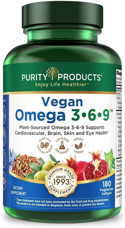 Purity Products Vegan Omega 3 6 9 Formula - “5 in 1” Essential Fatty Acid Complex - Scientifically Formulated Plant-Based Vegan Omega 3-6-9 Essential Fatty Acids - Maple Wellness Supplements