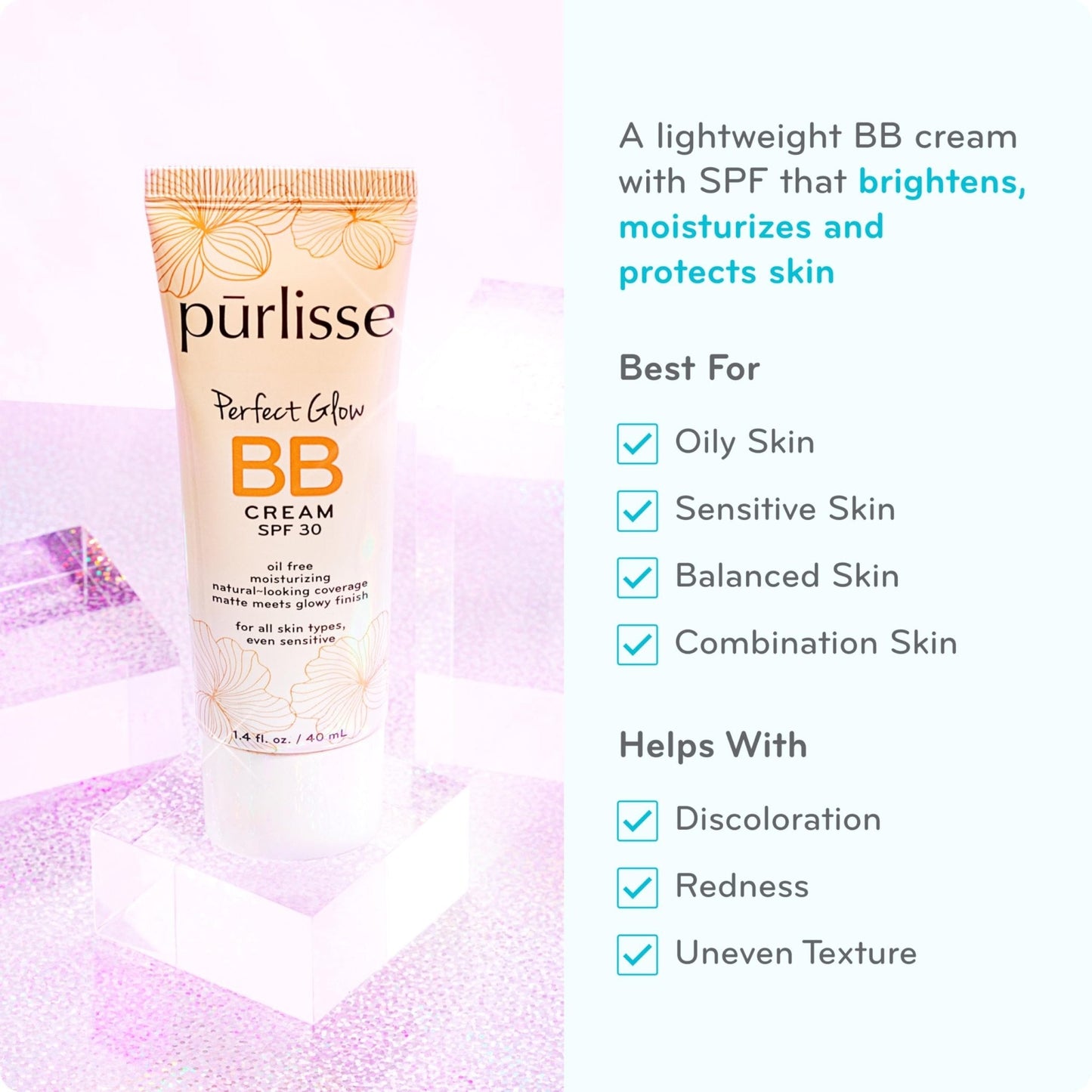 pūrlisse Perfect Glow BB Cream with SPF 30 - Matte Meets Dewy Finish - Enriched with Goji & Hawthorn Berry to Help Improve Skin Texture & Radiance - Medium Golden (1.4 oz) - Maple Wellness Supplements