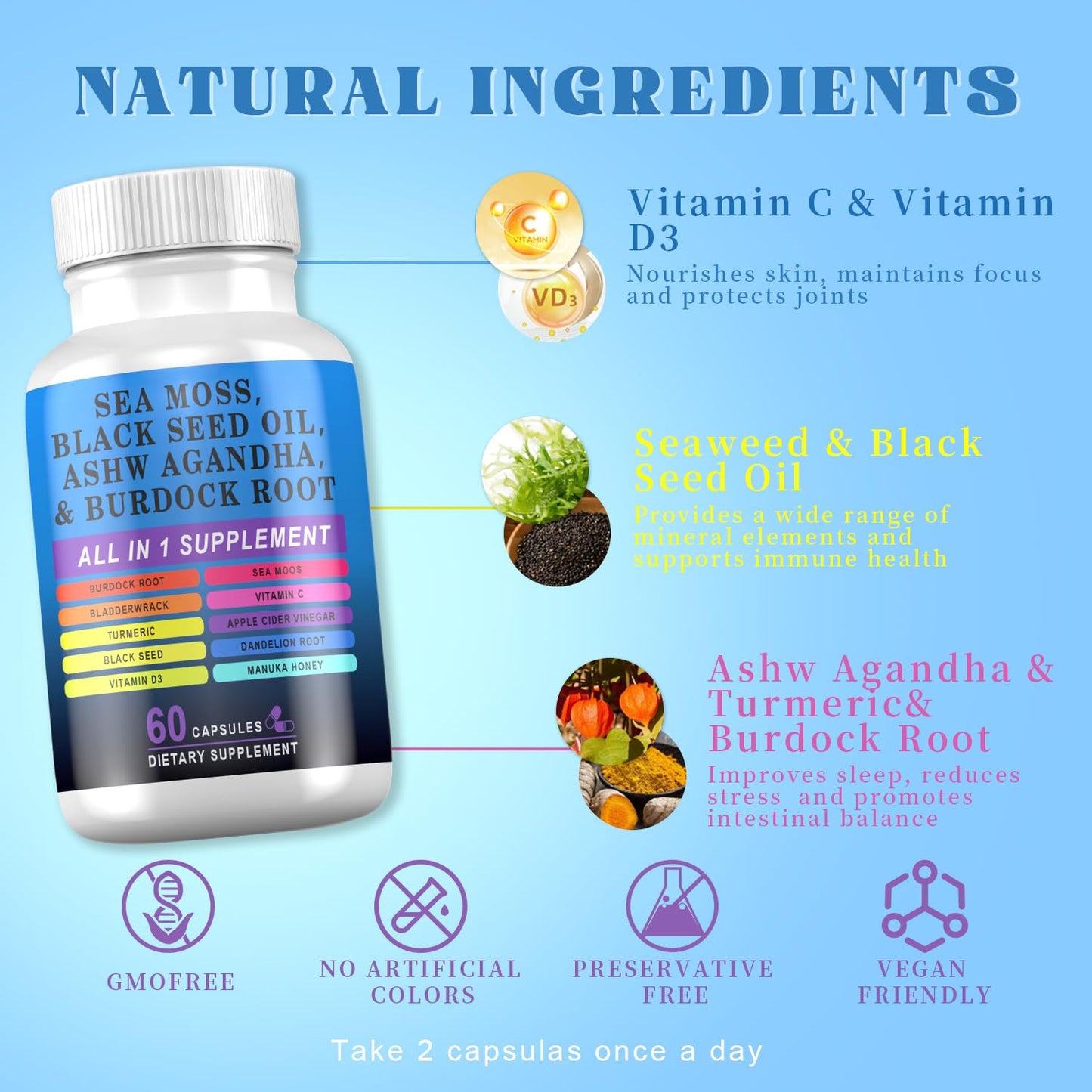 Pyzor Sea Moss Black Seed Oil Ashwagandha Turmeric Bladderwrack Burdock, Elderberry Manuka Dandelion, Burdock Root Turmeric Vitamin D3 Chlorophyll - 60 Capsules - Maple Wellness Supplements