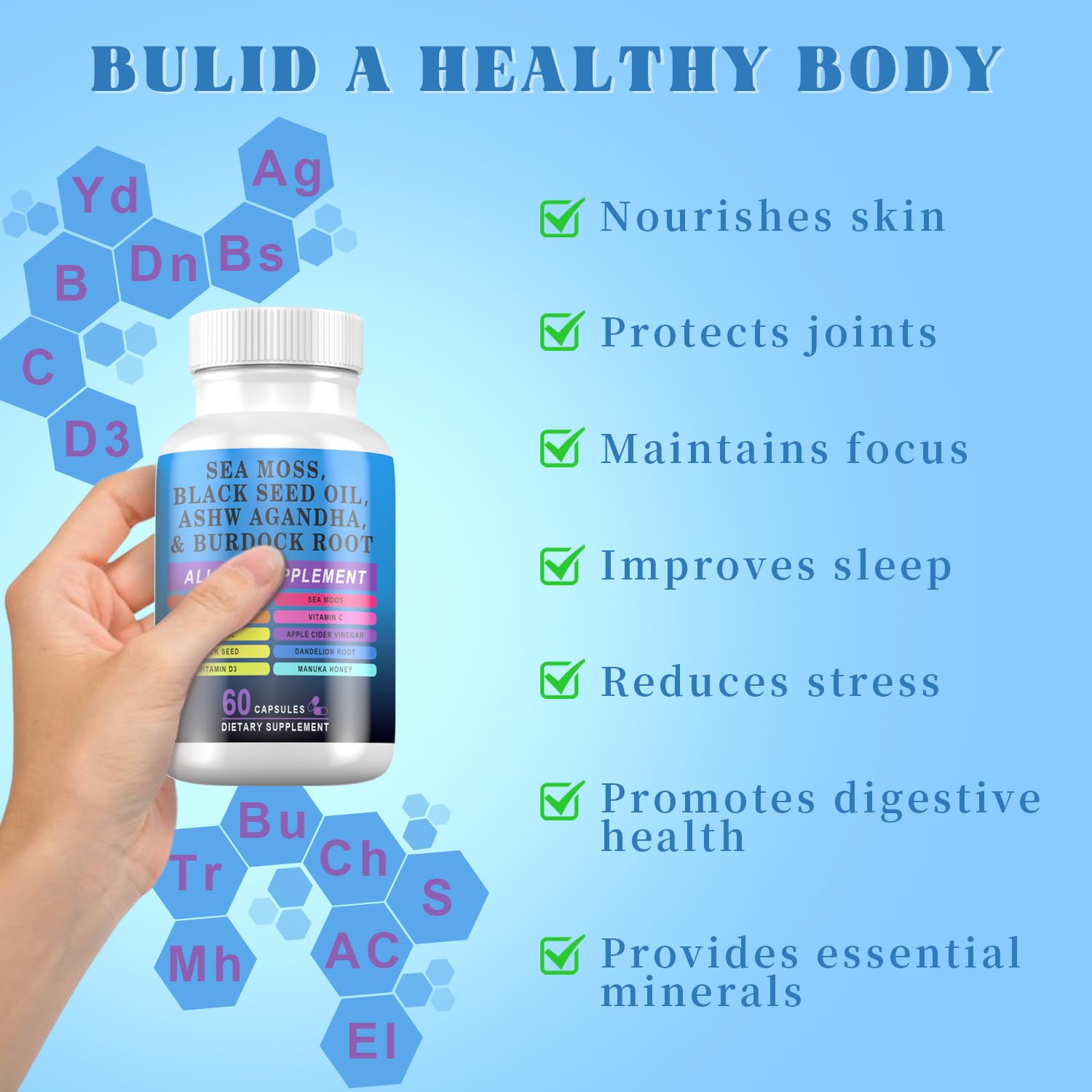Pyzor Sea Moss Black Seed Oil Ashwagandha Turmeric Bladderwrack Burdock, Elderberry Manuka Dandelion, Burdock Root Turmeric Vitamin D3 Chlorophyll - 60 Capsules - Maple Wellness Supplements
