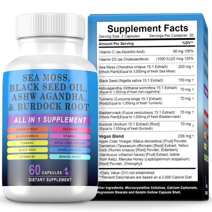 Pyzor Sea Moss Black Seed Oil Ashwagandha Turmeric Bladderwrack Burdock, Elderberry Manuka Dandelion, Burdock Root Turmeric Vitamin D3 Chlorophyll - 60 Capsules - Maple Wellness Supplements