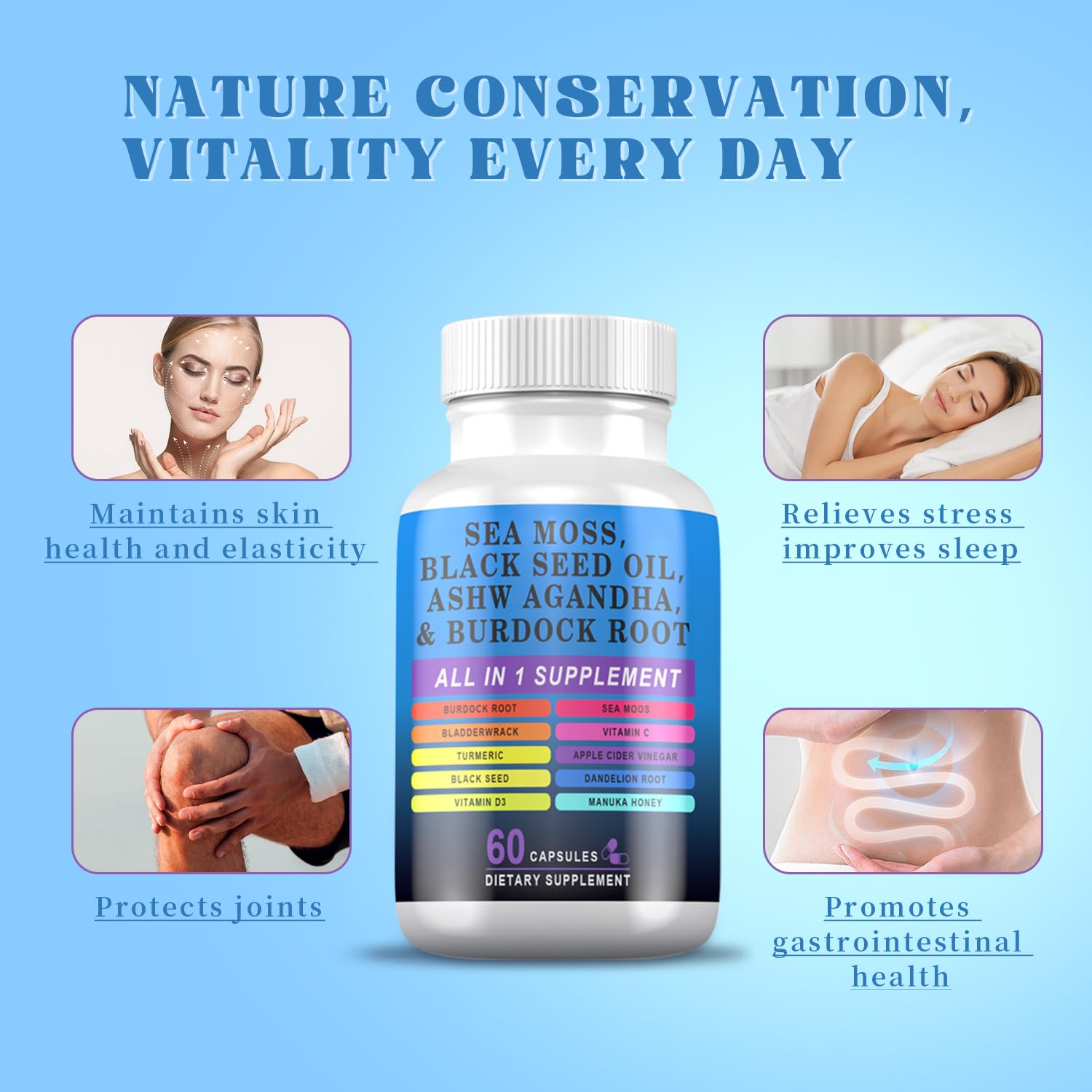 Pyzor Sea Moss Black Seed Oil Ashwagandha Turmeric Bladderwrack Burdock, Elderberry Manuka Dandelion, Burdock Root Turmeric Vitamin D3 Chlorophyll - 60 Capsules - Maple Wellness Supplements