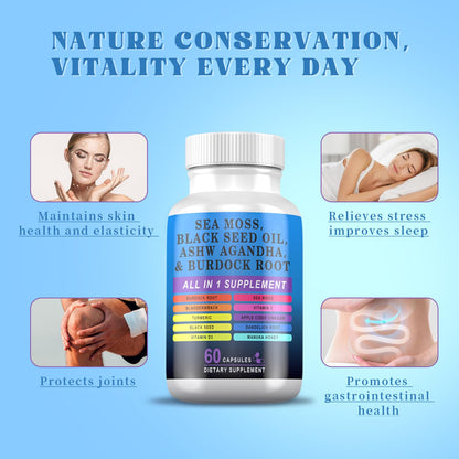 Pyzor Sea Moss Black Seed Oil Ashwagandha Turmeric Bladderwrack Burdock, Elderberry Manuka Dandelion, Burdock Root Turmeric Vitamin D3 Chlorophyll - 60 Capsules - Maple Wellness Supplements