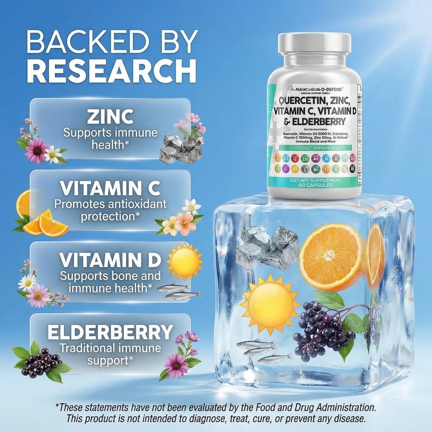 Q Defend Quercetin Supplement with Zinc Vitamin C Vitamin D Elderberry Turmeric Black Pepper Garlic Ginger Sea Moss Lysine Stinging Nettle Reishi Mushroom Immune - Maple Wellness Supplements