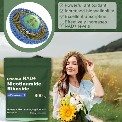 Quackiki NAD Resveratrol Supplement with NAD Nicotinamide Riboside Resveratrol 900 MG, Boost NAD+ for Cellular Health, Anti-Aging, Energy, Focus - 80 Capsules(2Pcs) - Maple Wellness Supplements