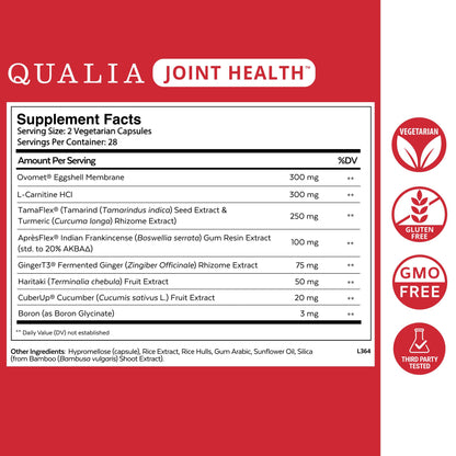 Qualia Joint Health 9 Advanced Joint Health nutrients: denatured Collagen, boswellia, tumeric, Boron, Ginger, L-carnitine. Cartilage Health, Tendon Strength, Healthy Joint Aging (1 Month Supply) - Maple Wellness Supplements