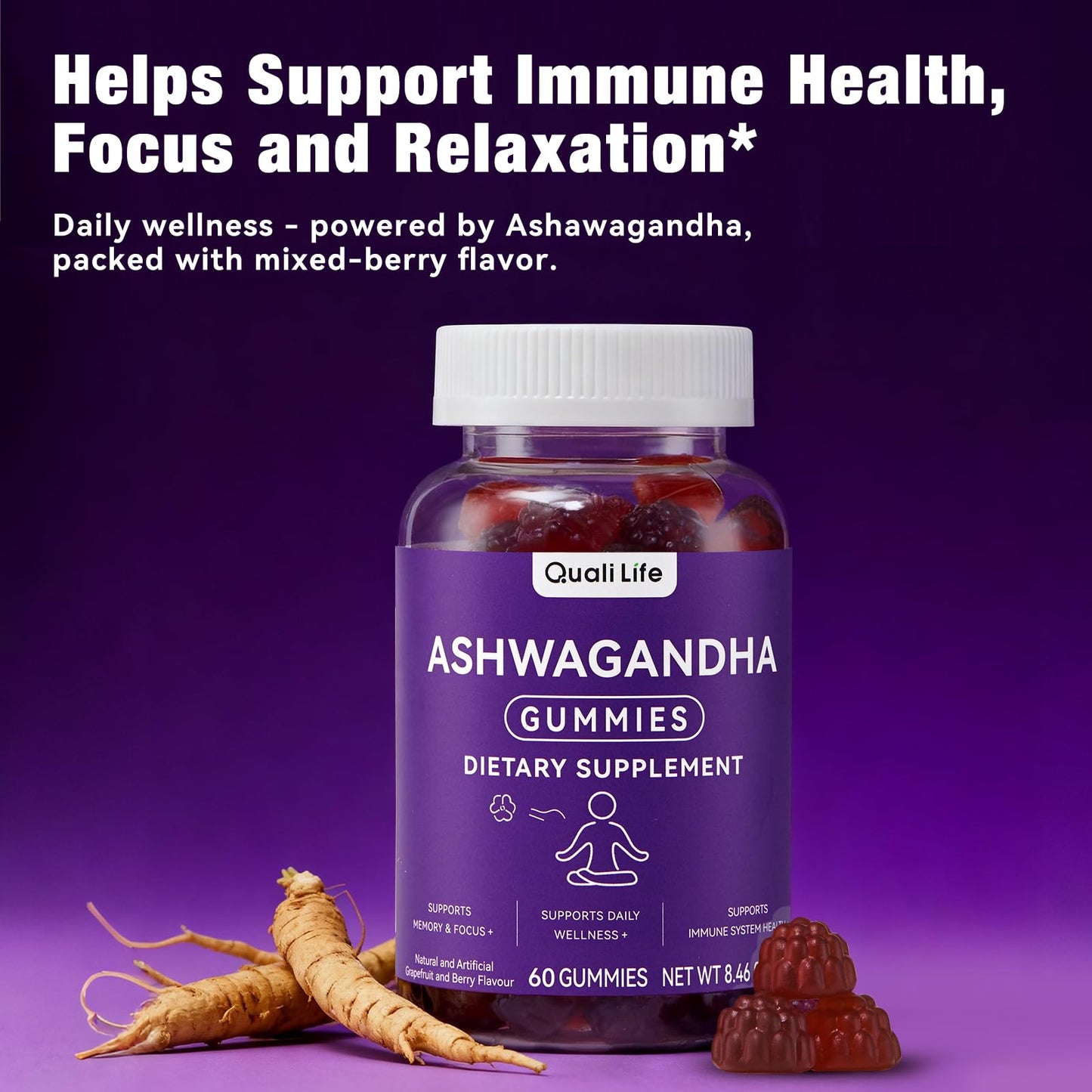 QualiLife Ashwagandha Gummies for Relax & Cortisol Support – High Strength Root Extract with Cranberry & Chaste Tree, Grapefruit & Berry Flavour – Vegan, Non-GMO, Gluten-Free – 60 Gummies (30 Days) - Maple Wellness Supplements