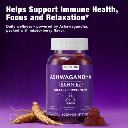 QualiLife Ashwagandha Gummies for Relax & Cortisol Support – High Strength Root Extract with Cranberry & Chaste Tree, Grapefruit & Berry Flavour – Vegan, Non-GMO, Gluten-Free – 60 Gummies (30 Days) - Maple Wellness Supplements
