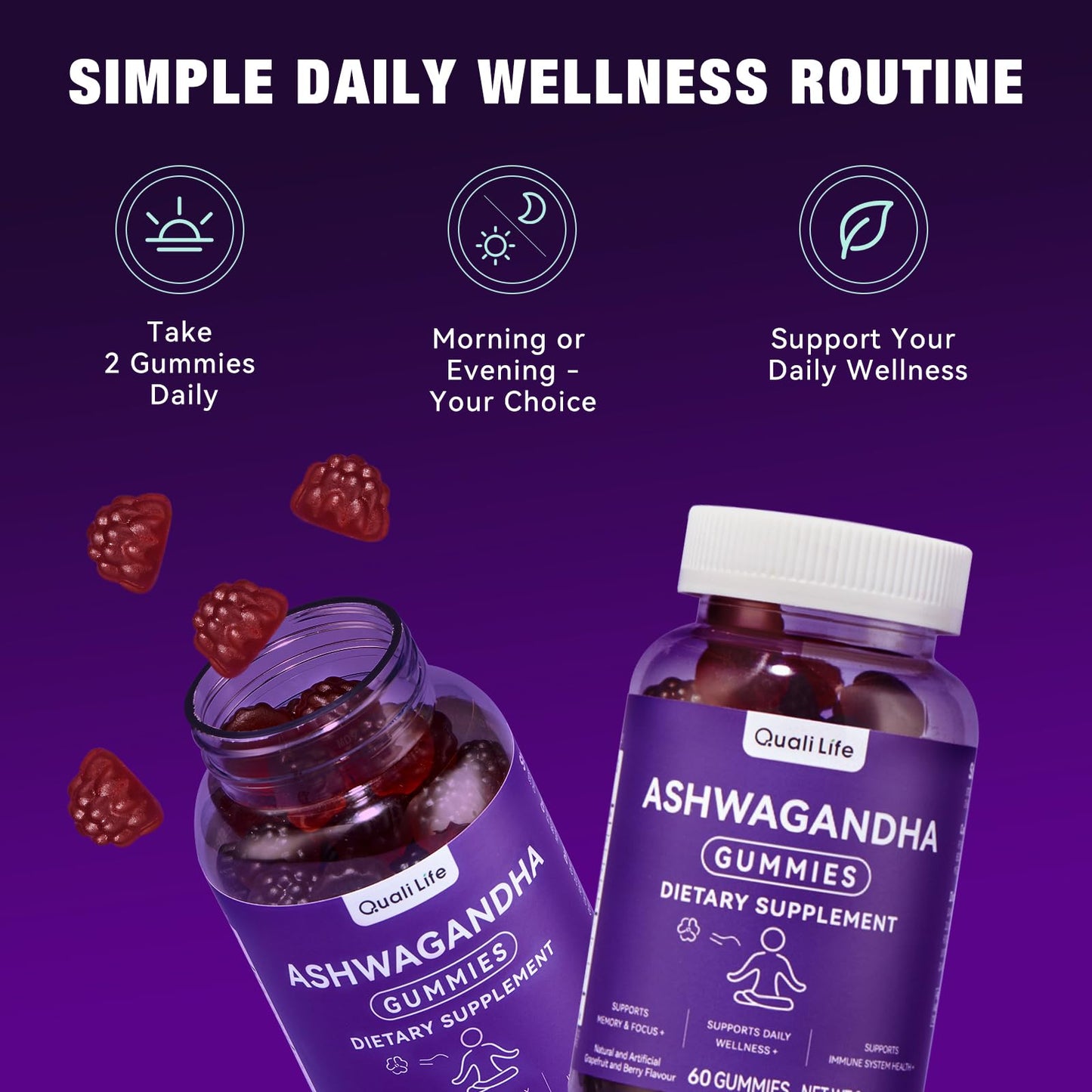 QualiLife Ashwagandha Gummies for Relax & Cortisol Support – High Strength Root Extract with Cranberry & Chaste Tree, Grapefruit & Berry Flavour – Vegan, Non-GMO, Gluten-Free – 60 Gummies (30 Days) - Maple Wellness Supplements