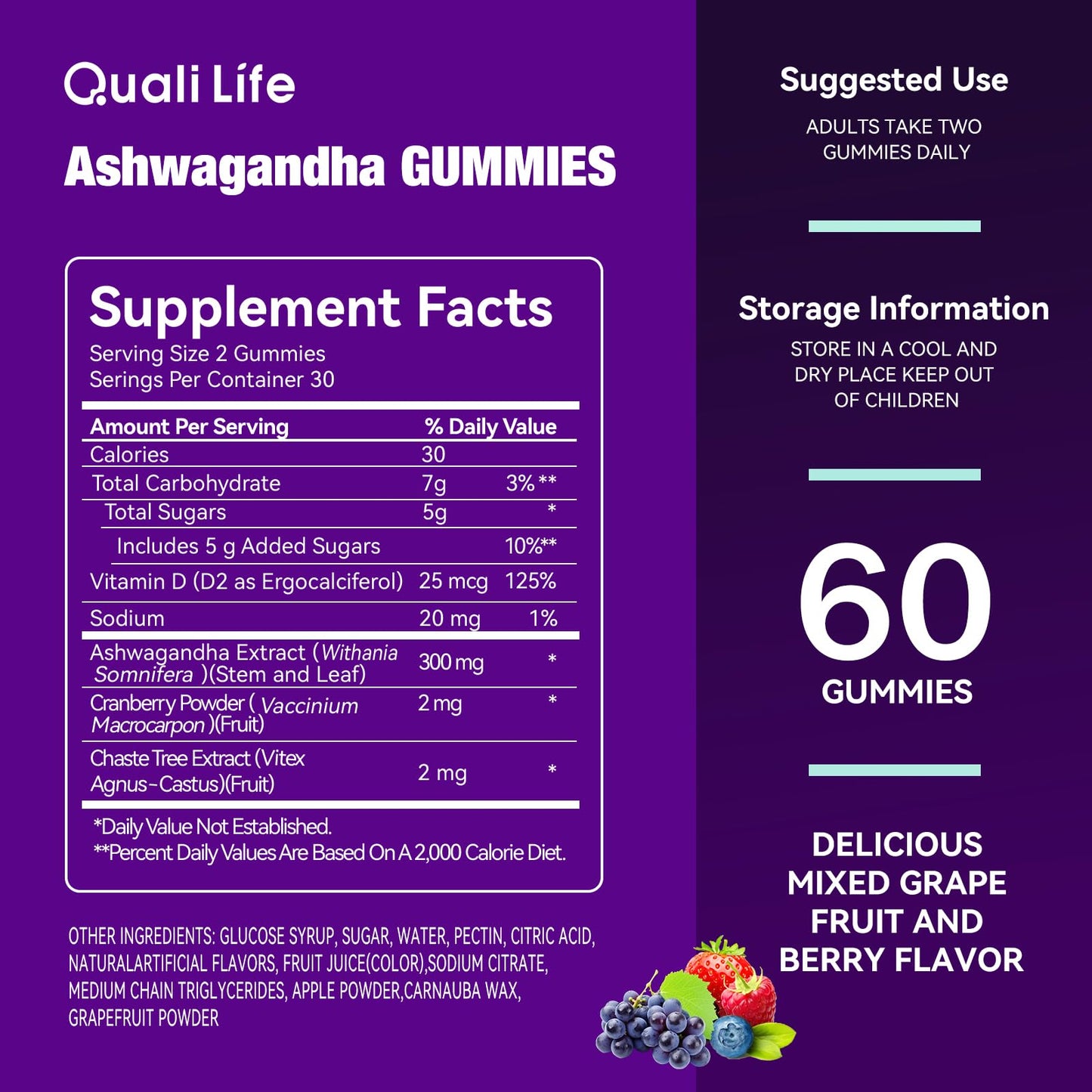 QualiLife Ashwagandha Gummies for Relax & Cortisol Support – High Strength Root Extract with Cranberry & Chaste Tree, Grapefruit & Berry Flavour – Vegan, Non-GMO, Gluten-Free – 60 Gummies (30 Days) - Maple Wellness Supplements