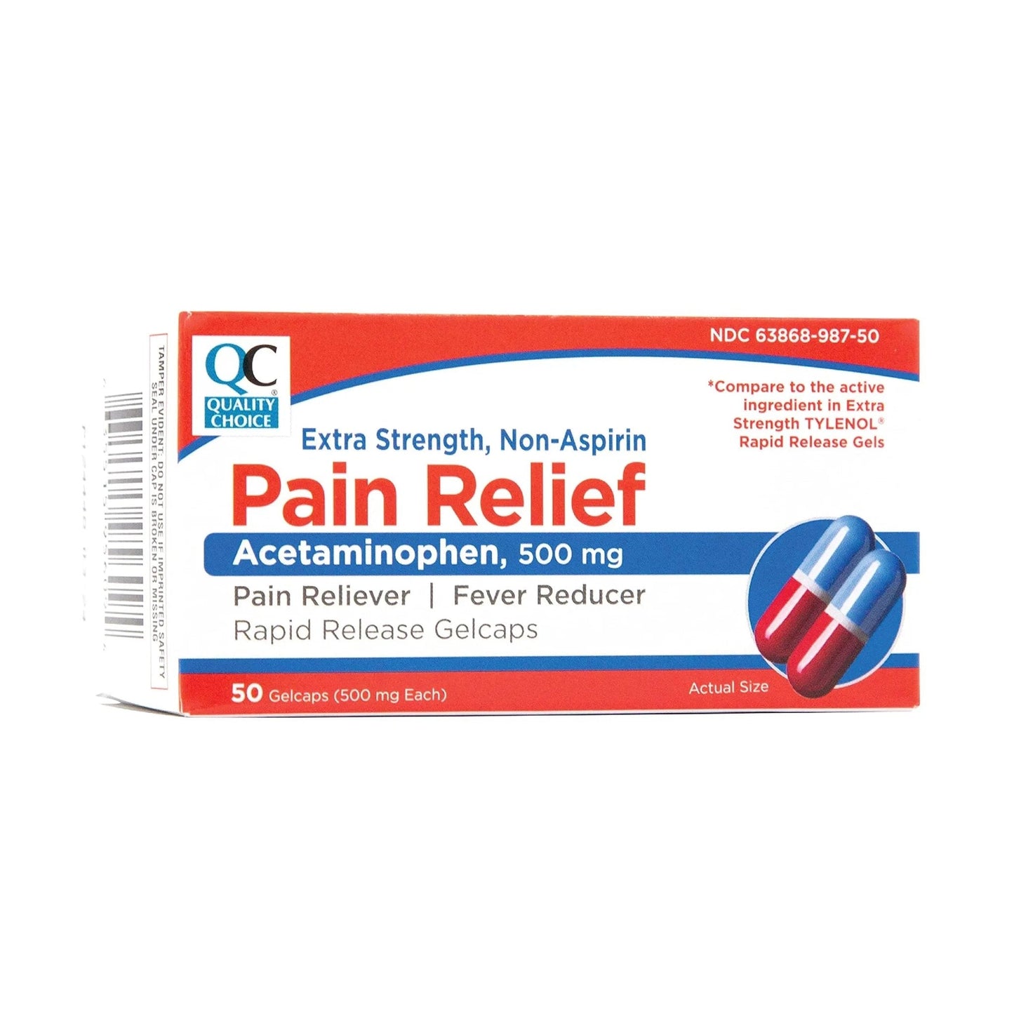 Quality Choice, Extra Strength, Non Aspirin Pain Relief, Acetaminophen 500 MG, Pain Reliever & Fever Reducer, Rapid Release Gelcaps, 50 Count Package - Maple Wellness Supplements