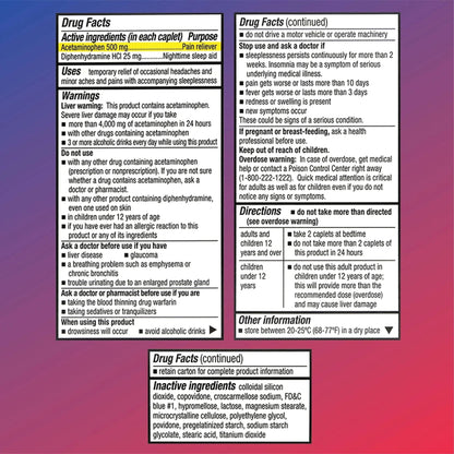 Quality Choice Extra Strength Pain Relief PM, Pain Reliever and Nighttime Sleep Aid, Acetaminophen 500 mg & Diphenhydramine HCI 25 mg (Sleep Aid), 50 Count Package of Caplets - Maple Wellness Supplements
