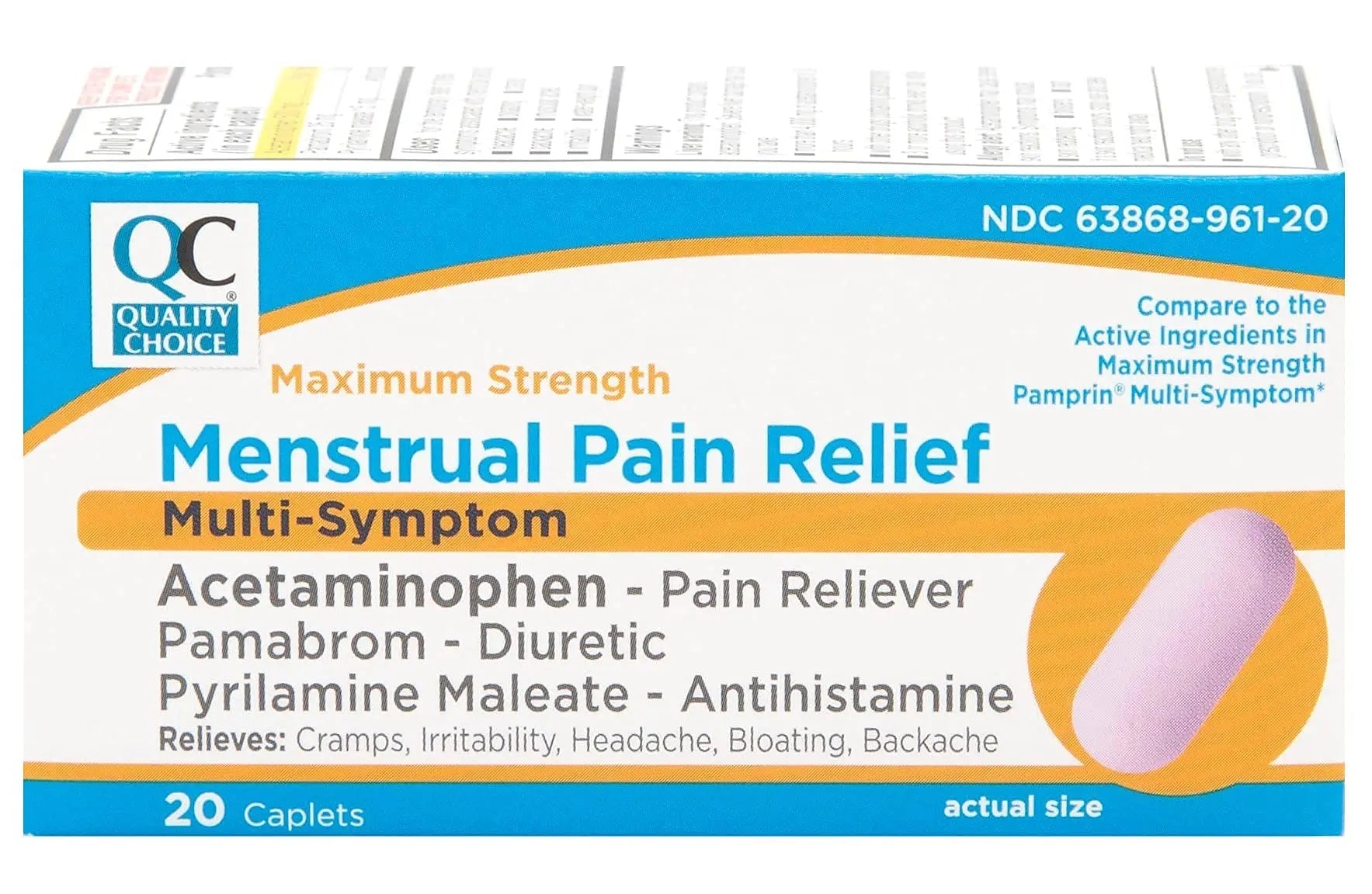Quality Choice Maximum Strength Mentrual Pain Relief, Multi Symptom Pain Relief Caplets, Cramps, Headache, Bloating, Backache & Irritability, 20 Count Package - Maple Wellness Supplements