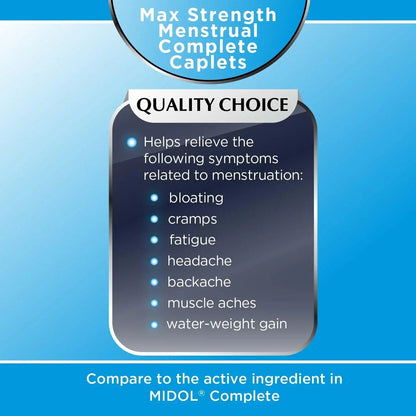 Quality Choice Menstrual Complete Max Strength Period Pain Relief, 500 mg of Acetaminophen, 60mg of Caffeine, 15mg of Pyrilamine Maleate, Cramps, Bloating, Headache. 24 Count. - Maple Wellness Supplements