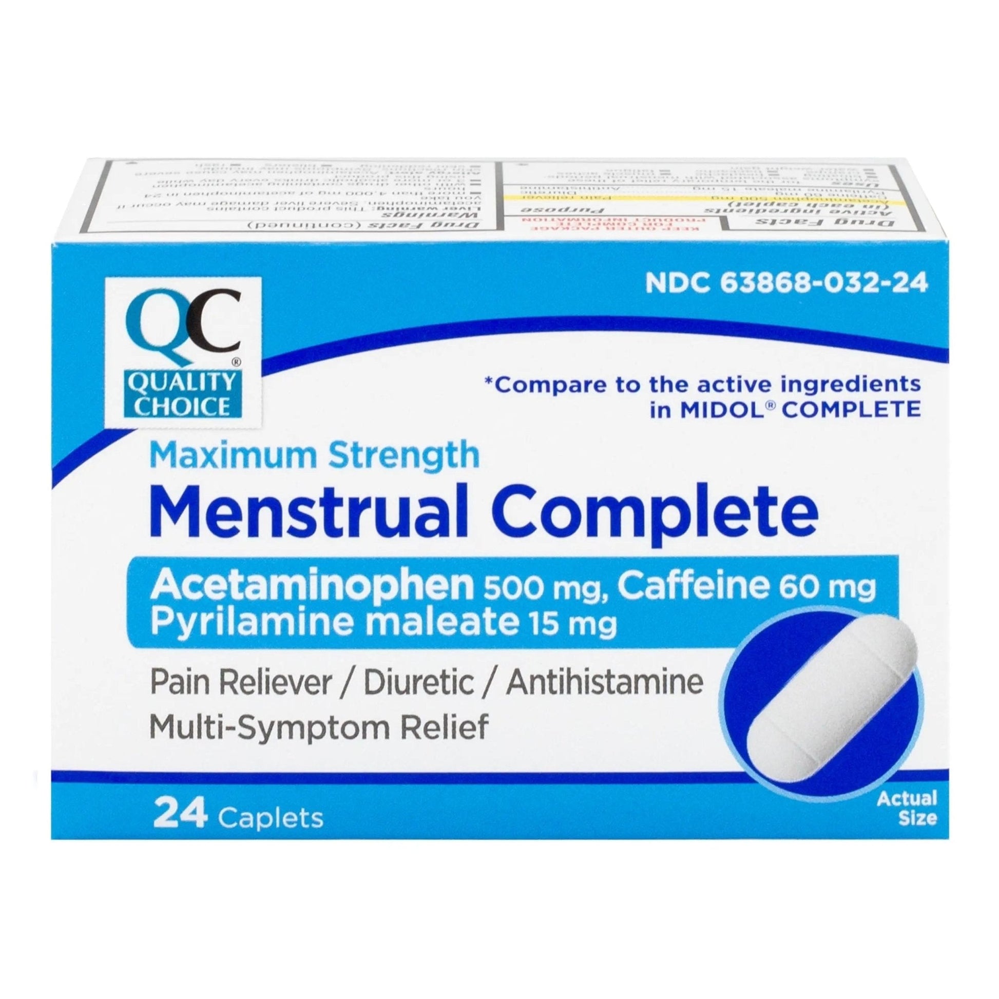 Quality Choice Menstrual Complete Max Strength Period Pain Relief, 500 mg of Acetaminophen, 60mg of Caffeine, 15mg of Pyrilamine Maleate, Cramps, Bloating, Headache. 24 Count. - Maple Wellness Supplements