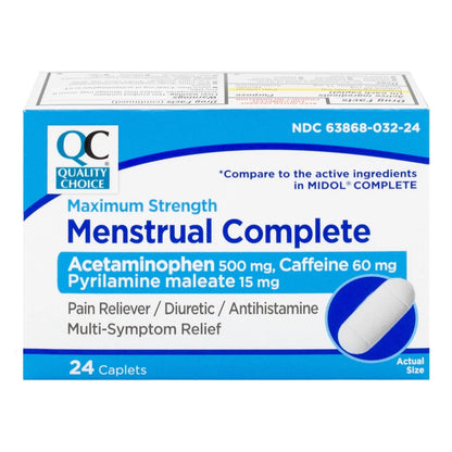 Quality Choice Menstrual Complete Max Strength Period Pain Relief, 500 mg of Acetaminophen, 60mg of Caffeine, 15mg of Pyrilamine Maleate, Cramps, Bloating, Headache. 24 Count. - Maple Wellness Supplements