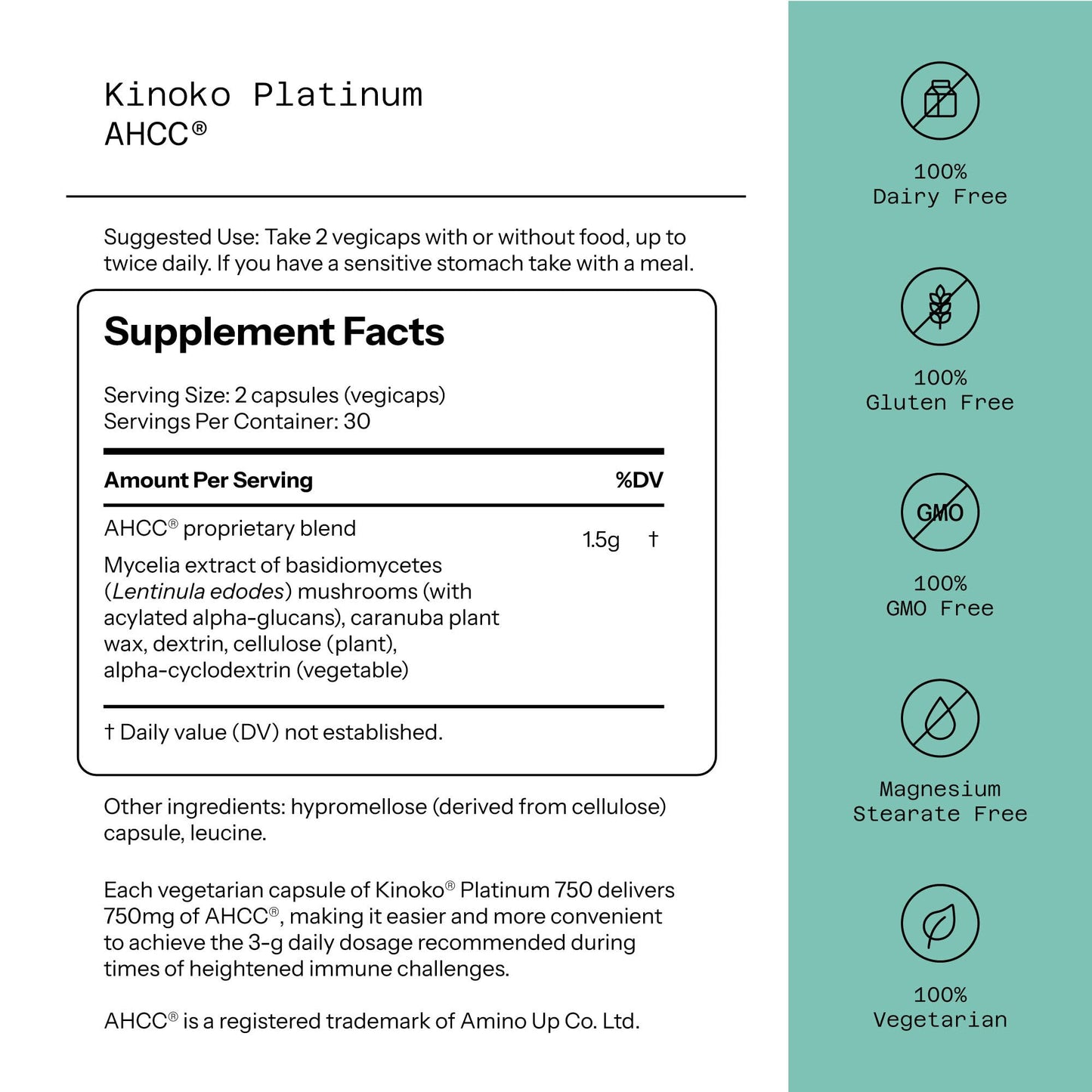 Quality of Life Premium Kinoko Platinum AHCC Herbal Supplement, 750mg per Capsule, for Immune Support, Liver Function, Maintains Natural Killer Cell Activity - Maple Wellness Supplements