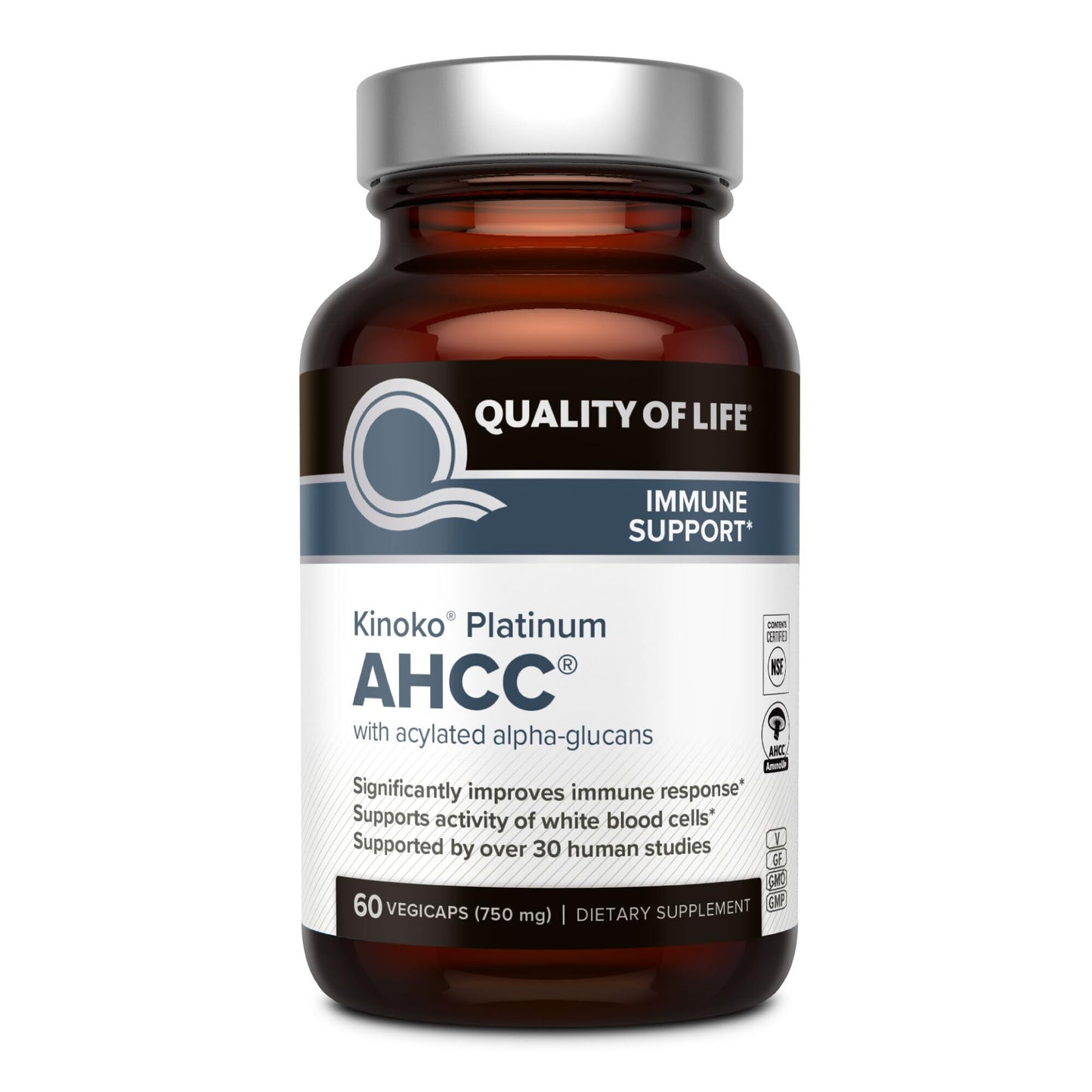 Quality of Life Premium Kinoko Platinum AHCC Herbal Supplement, 750mg per Capsule, for Immune Support, Liver Function, Maintains Natural Killer Cell Activity - Maple Wellness Supplements