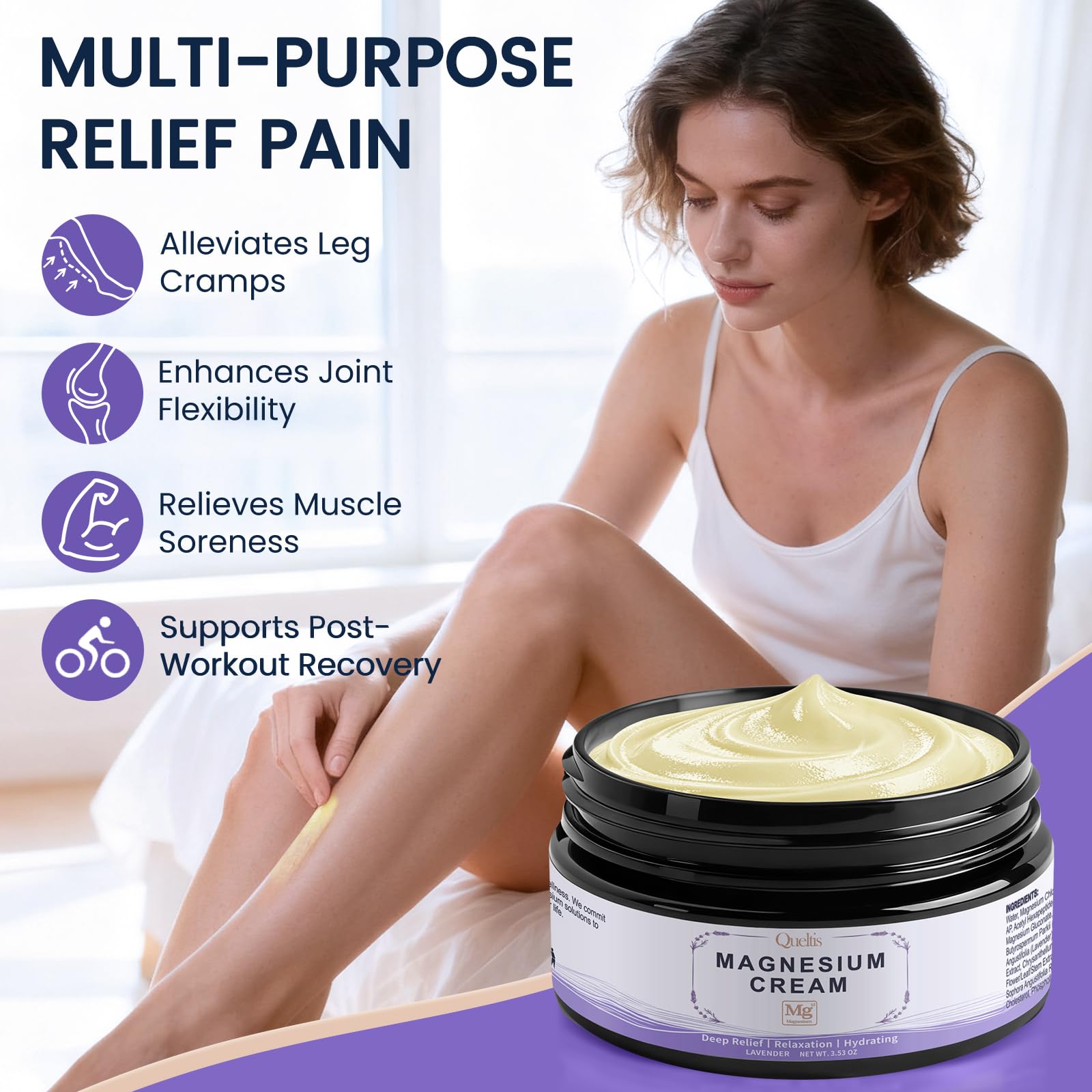 QUELTIS Magnesium Cream, Magnesium Lotion for Sleep, Pain & Leg Cramps, Topical Magnesium Chloride Cream for Muscle Relaxation, Calm, Moisturizing - Maple Wellness Supplements