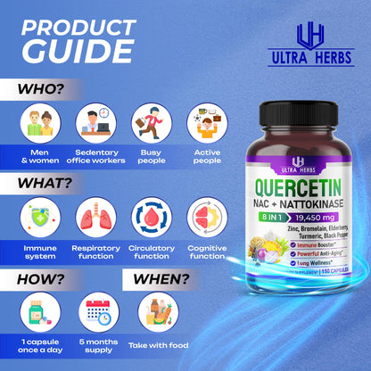 Quercetin 19,450mg 8 IN 1 with NAC, Nattokinase, Zinc, Bromelain, Elderberry, Turmeric - Maple Wellness Supplements