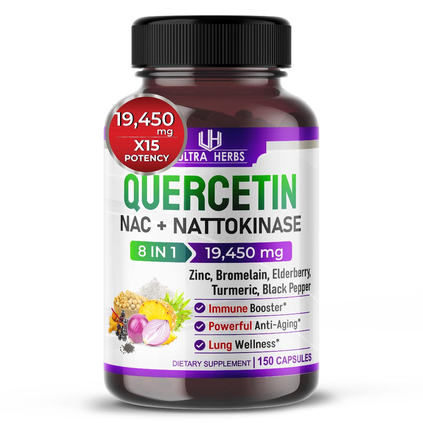 Quercetin 19,450mg 8 IN 1 with NAC, Nattokinase, Zinc, Bromelain, Elderberry, Turmeric - Maple Wellness Supplements