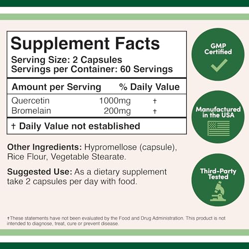 Quercetin with Bromelain - 120 Count (1,200mg Servings) Immune Health Capsules - Maple Wellness Supplements