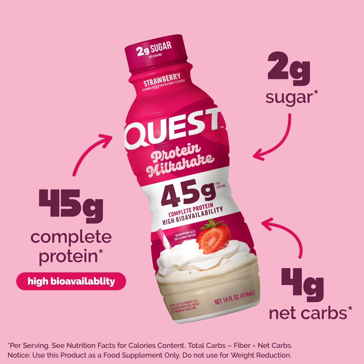 Quest Nutrition Strawberry Protein Shake, 45g Protein, 2g Sugar, 4g Net Carbs, Ready to Drink, Gluten Free, 4 Count - Maple Wellness Supplements