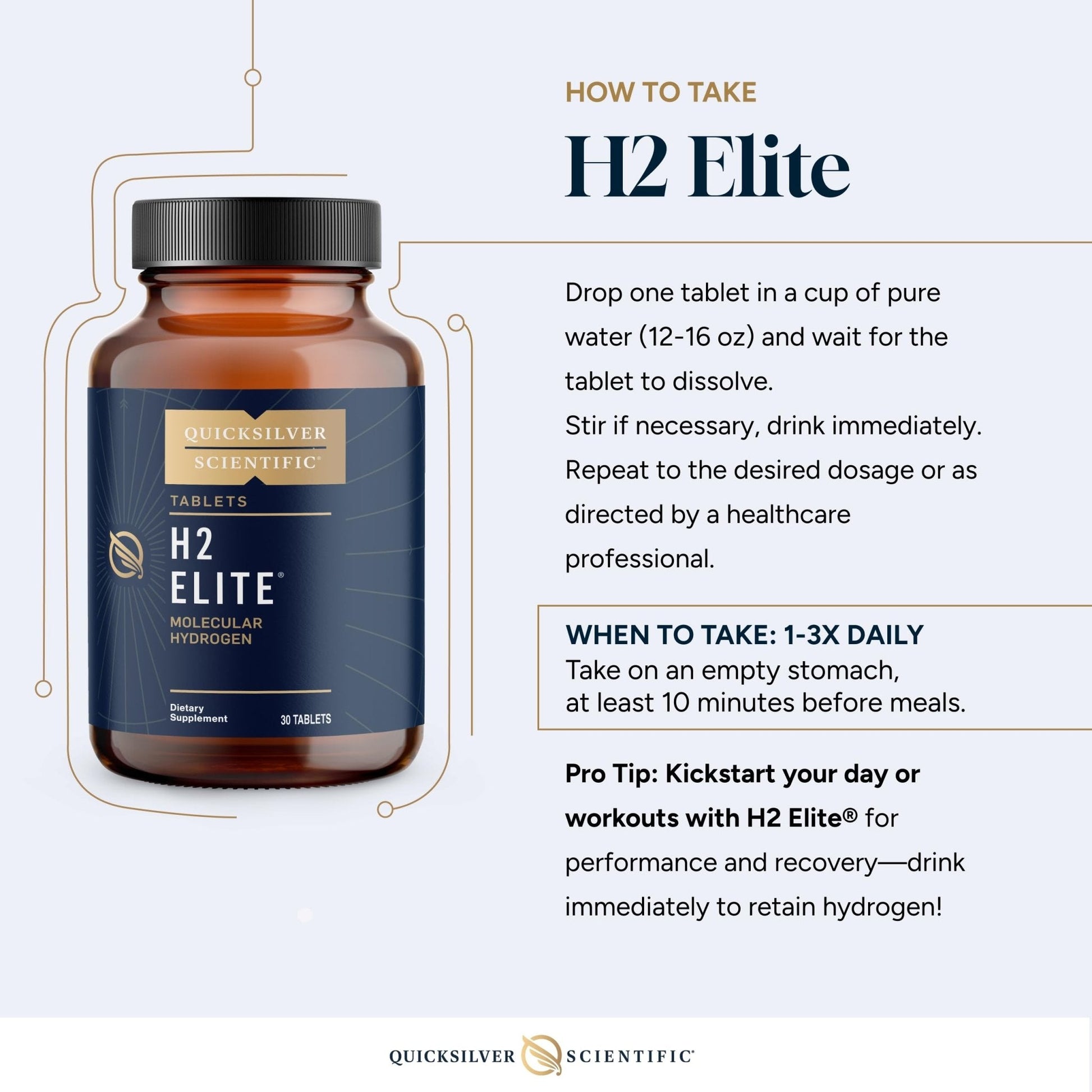 Quicksilver Scientific H2 Elite - Molecular Hydrogen for Energy + Metabolism Support, Water Tablets Perfect for Open Containers - Magnesium Malate Drink Additive (30 Molecular Hydrogen Tablets) - Maple Wellness Supplements