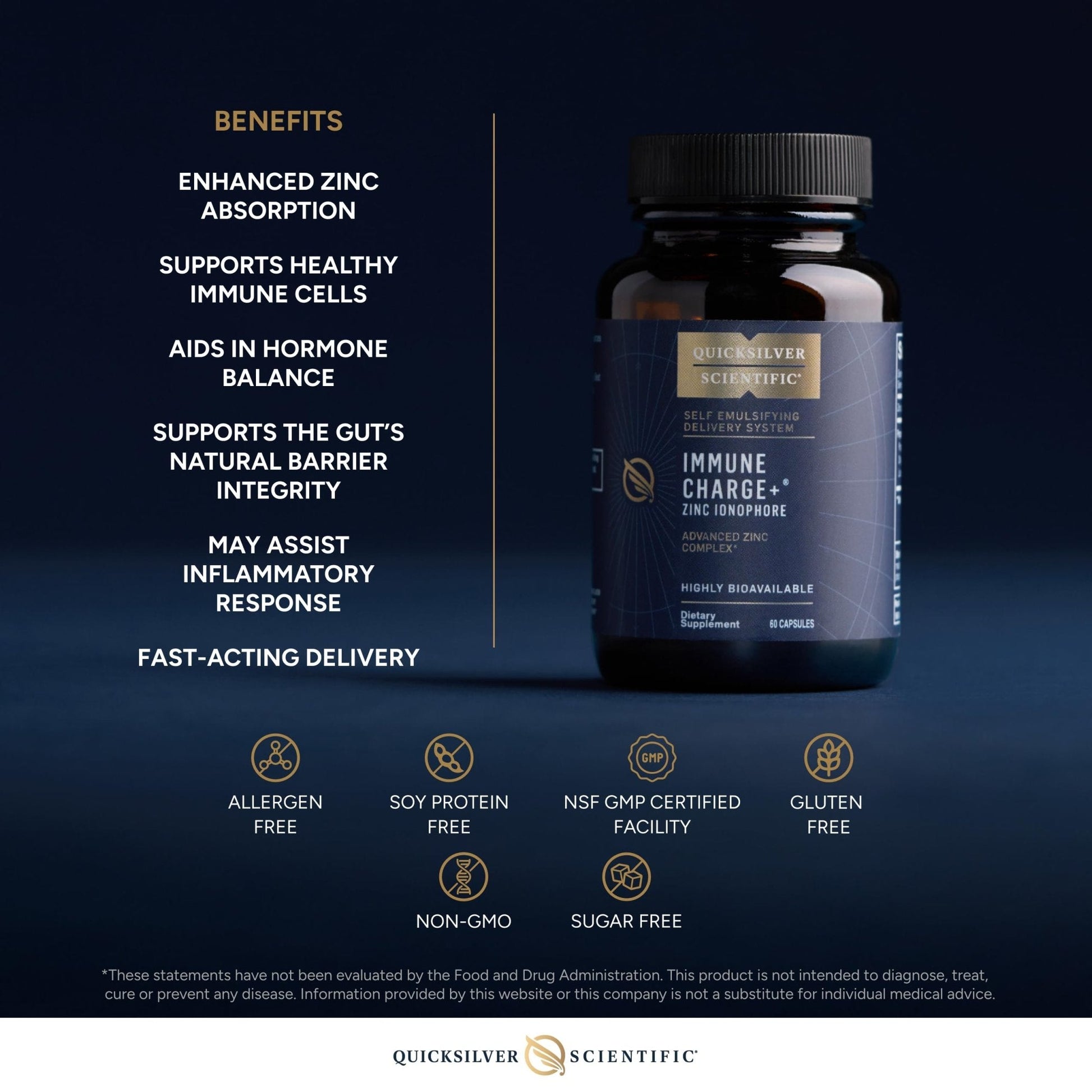 Quicksilver Scientific Immune Charge+ Zinc Ionophore - Zinc Supplement Complexed with Quercetin, Luteolin, Hesperetin Immune + GI Support (60 Capsules) - Maple Wellness Supplements