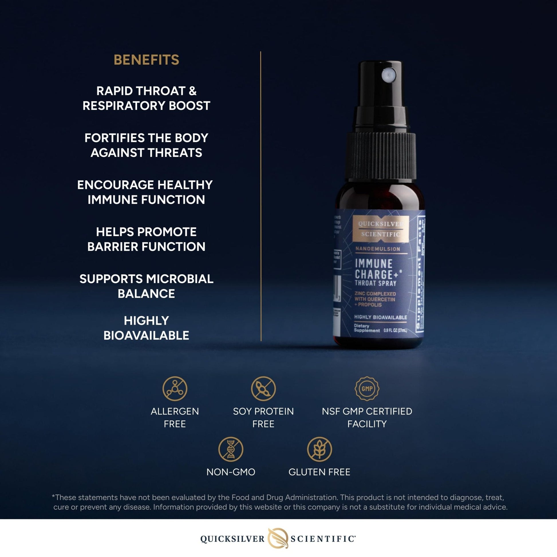Quicksilver Scientific Immune Charge+ Zinc Throat Spray - Immune Support Liquid Supplement with Quercetin - 'Throat Coat' with Liposomal Absorption Technology (0.9 fl oz / 27ml) - Maple Wellness Supplements