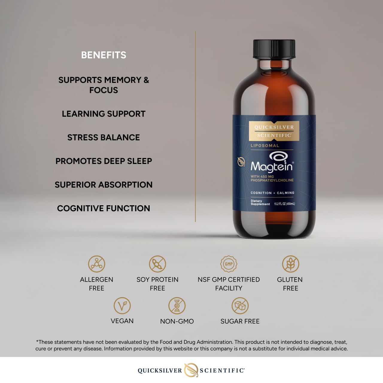 Quicksilver Scientific Liposomal Magtein - Magnesium Supplement for Brain Function Support - Stress, Sleep & Memory Support - Gluten-Free, Sugar-Free & Vegan - 15.2 fl oz (30 Servings) - Maple Wellness Supplements