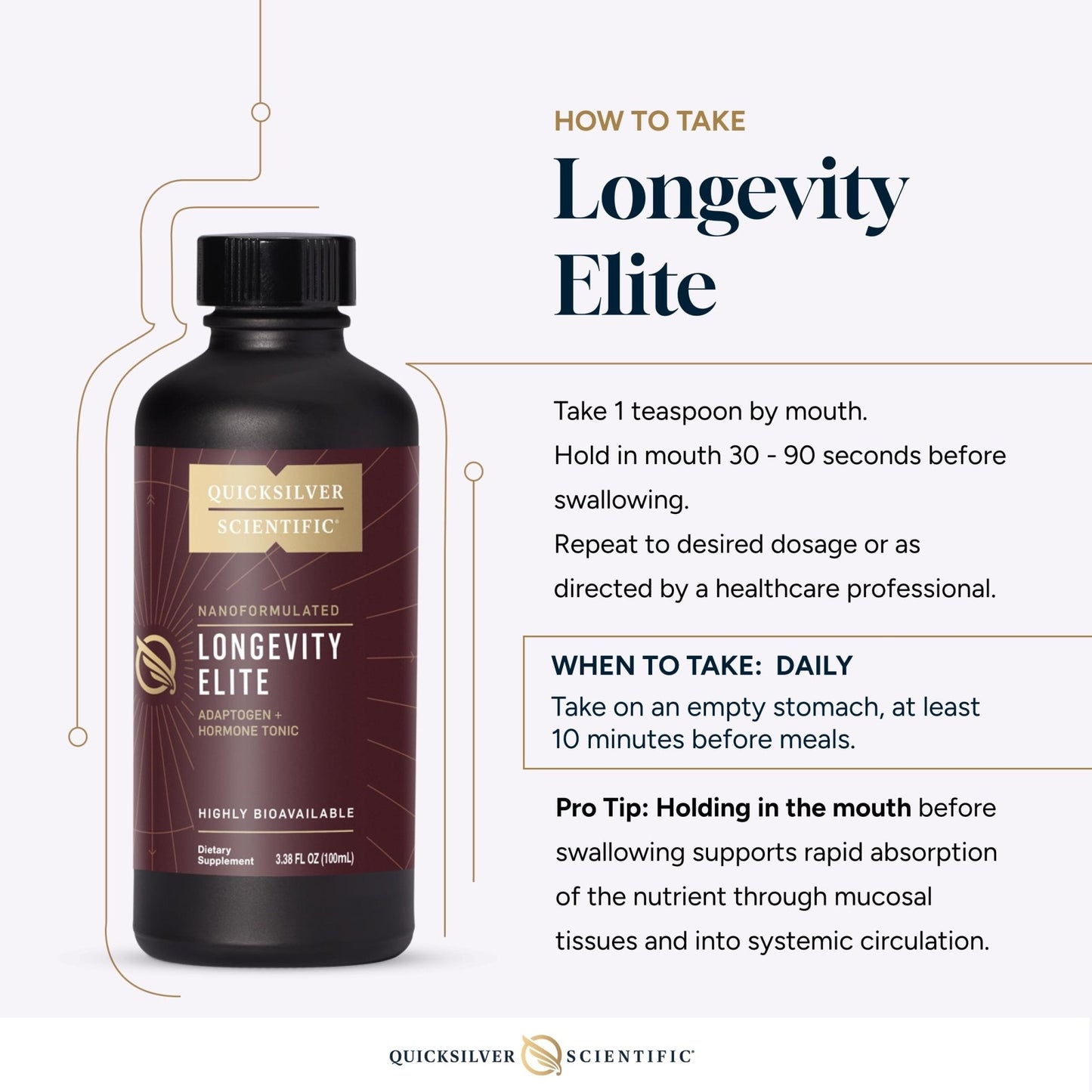 Quicksilver Scientific Longevity Elite - Liposomal Adaptogen + Pregnenolone Tonic - Herbal Supplements Designed for Age Optimization Support While Targeting AMPK, Sirtuins + Telomeres (100ml) - Maple Wellness Supplements