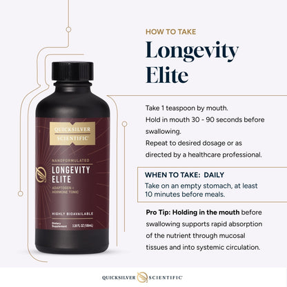 Quicksilver Scientific Longevity Elite - Liposomal Adaptogen + Pregnenolone Tonic - Herbal Supplements Designed for Age Optimization Support While Targeting AMPK, Sirtuins + Telomeres (100ml) - Maple Wellness Supplements