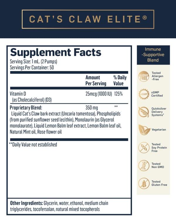 Quicksilver Scientific Nanoemulsified Cat's Claw - Liquid Immune Support Supplement with Uncaria tomentosa, 1000 IU Vitamin D + Monolaurin - Vegan + Superior Liposomal Absorption (1.7oz / 50ml) - Maple Wellness Supplements