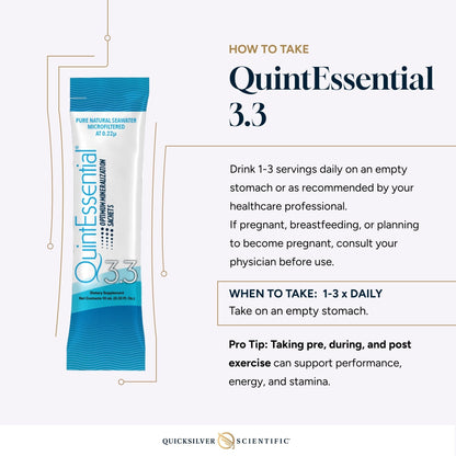 Quicksilver Scientific Quintessential 3.3 Sachets - Hypertonic Solution - Filtered Sea Water Hydration Packets - Liquid Minerals for Muscle Recovery, Stamina + Mineral Replenishment (30 Count) - Maple Wellness Supplements