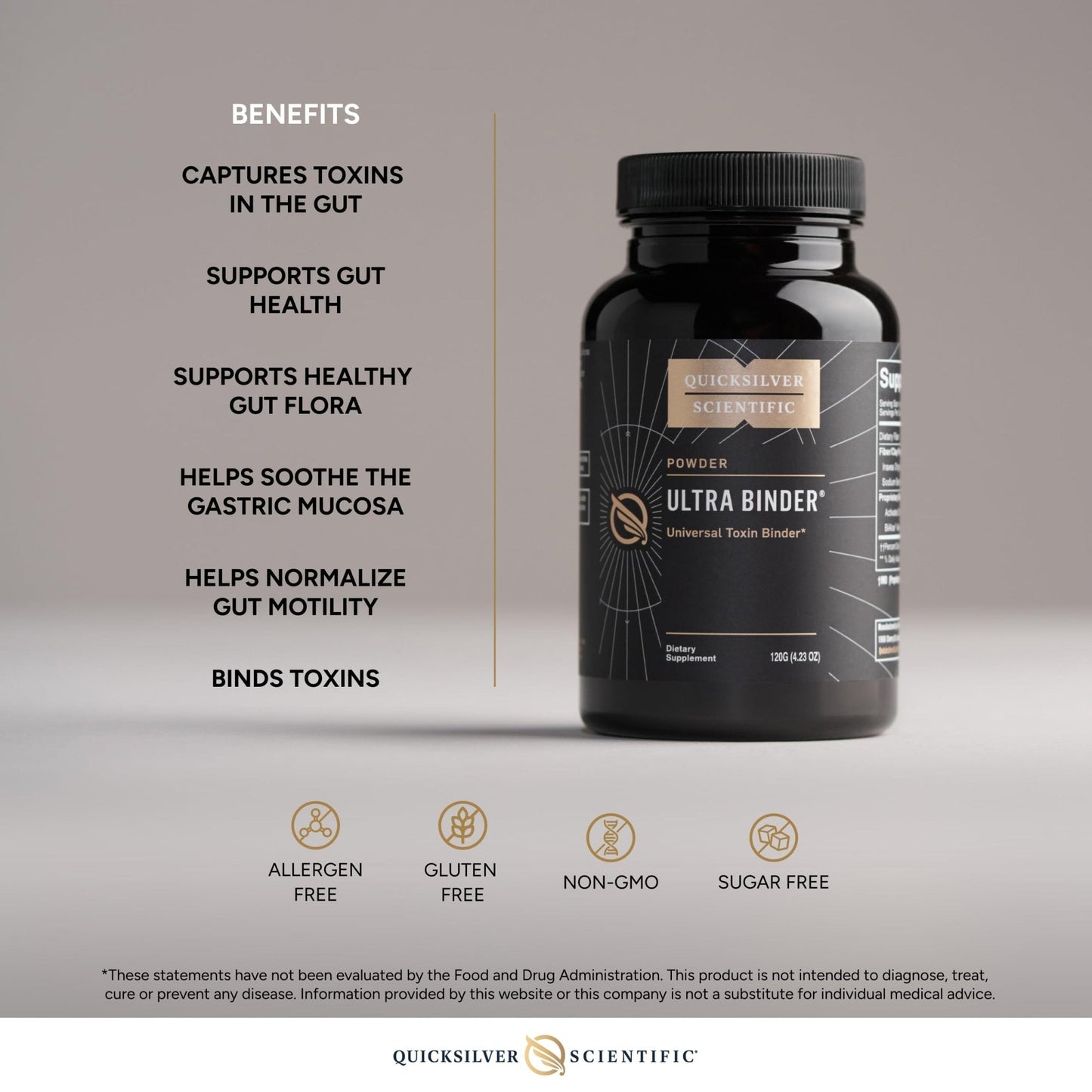 Quicksilver Scientific Ultra Binder Powder - Multi Binder with Bentonite Clay, Zeolite Detox & Charcoal - Supplement for Gut Support & The Body's Toxin Removal Process (120g) - Maple Wellness Supplements
