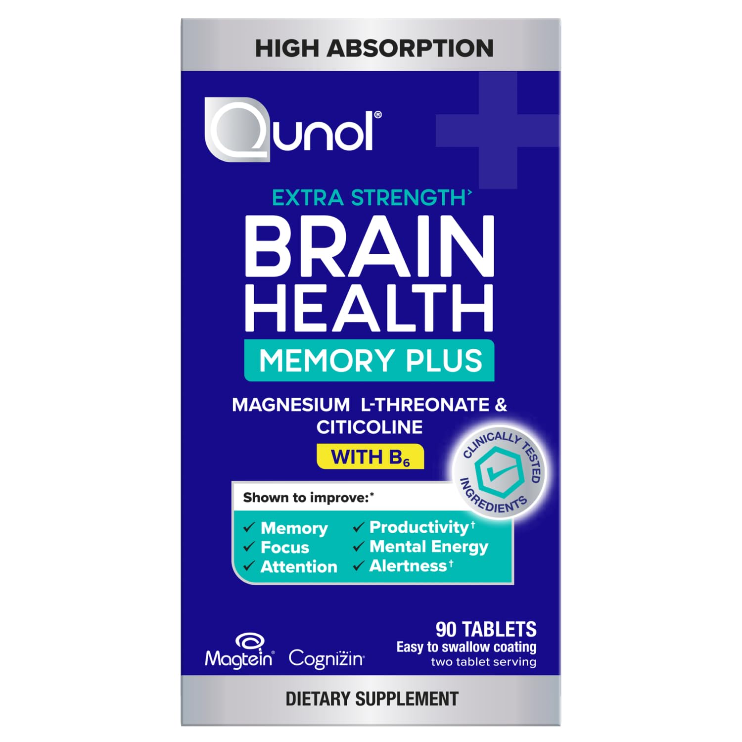 Qunol Brain Health Memory Plus with B6, Magnesium L-Threonate & Citicoline, Clinically Tested Ingredients to Improve Memory, Focus, Attention and Productivity, 90 Count - Maple Wellness Supplements