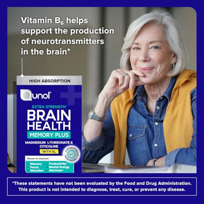 Qunol Brain Health Memory Plus with B6, Magnesium L-Threonate & Citicoline, Clinically Tested Ingredients to Improve Memory, Focus, Attention and Productivity, 90 Count - Maple Wellness Supplements