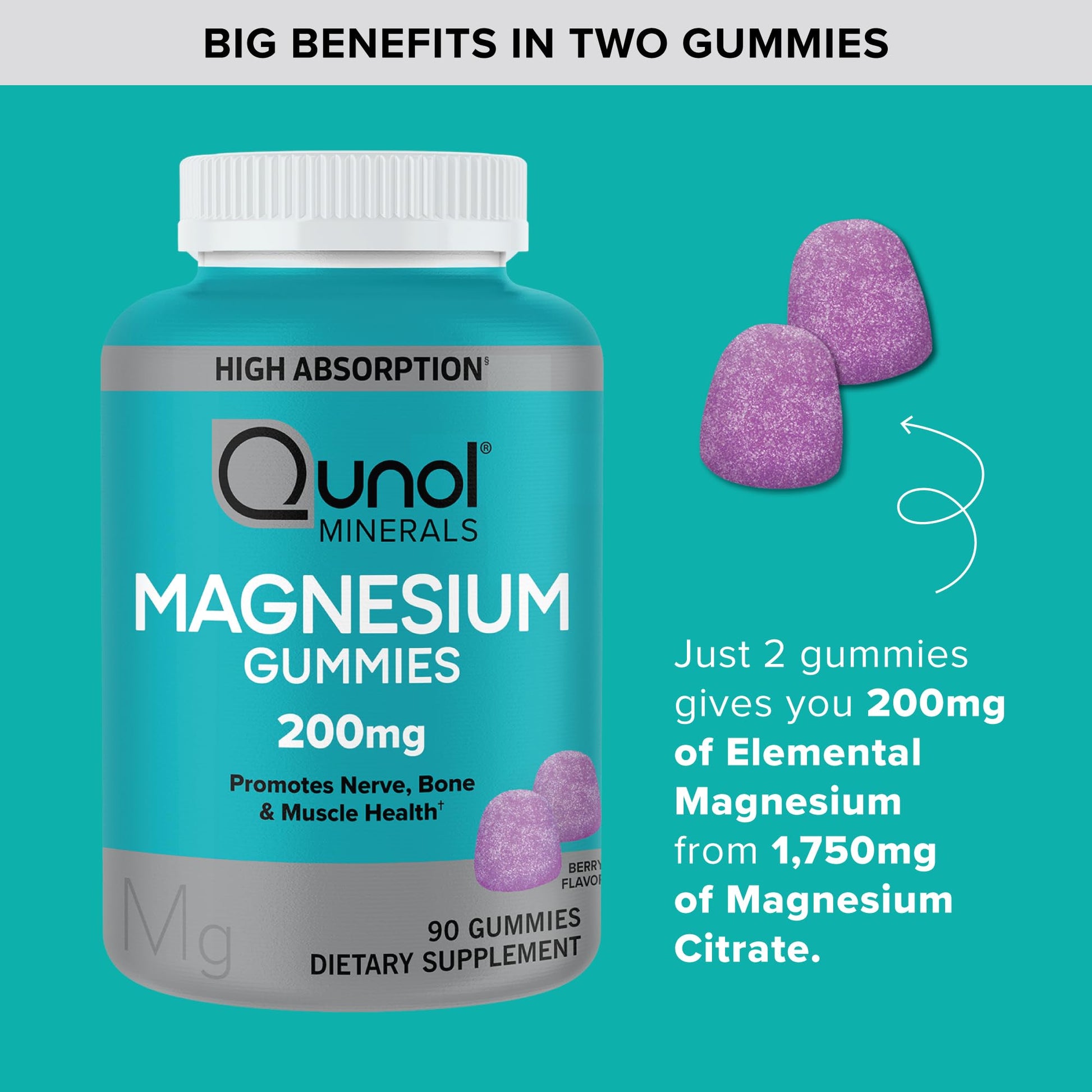 Qunol Magnesium Gummies for Adults, 200mg Elemental Magnesium (from 1,750mg Magnesium Citrate), High Absorption Magnesium Supplement, Supports Nerve, - Maple Wellness Supplements