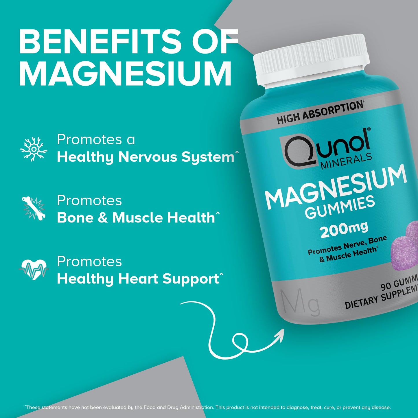 Qunol Magnesium Gummies for Adults, 200mg Elemental Magnesium (from 1,750mg Magnesium Citrate), High Absorption Magnesium Supplement, Supports Nerve, Bone and Muscle Health, Vegetarian, 90 Count - Maple Wellness Supplements