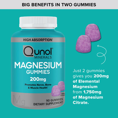 Qunol Magnesium Gummies for Adults, 200mg Elemental Magnesium (from 1,750mg Magnesium Citrate), High Absorption Magnesium Supplement, Supports Nerve, Bone and Muscle Health, Vegetarian, 90 Count - Maple Wellness Supplements