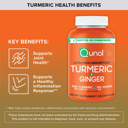 Qunol Turmeric and Ginger Capsules, 1000mg Turmeric Supplement, Ultra High Absorption to Support Joint Health, 1 Doctor Recommended Form - Maple Wellness Supplements