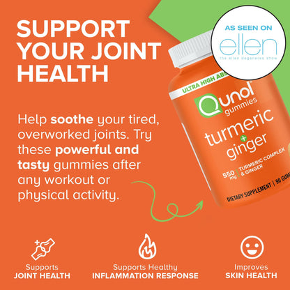 Qunol Turmeric and Ginger Gummies - Joint Support Supplement with Ultra High Absorption, 90 Count Vegan and Gluten Free Gummies - Maple Wellness Supplements