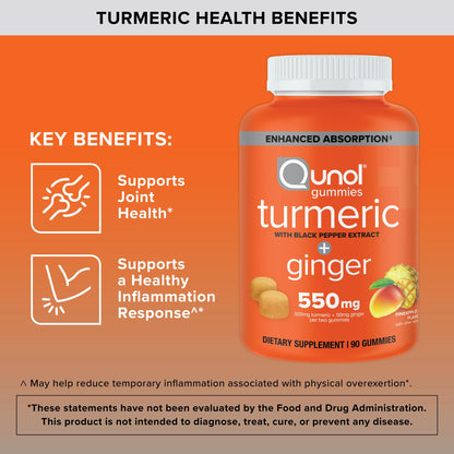 Qunol Turmeric and Ginger with Black Pepper Gummies, Turmeric Curcumin Supplement, Joint Health Support Gummy, 90ct Gummies - Maple Wellness Supplements
