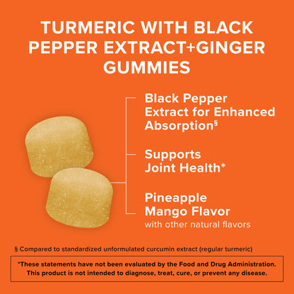 Qunol Turmeric and Ginger with Black Pepper Gummies, Turmeric Curcumin Supplement, Joint Health Support Gummy, 90ct Gummies - Maple Wellness Supplements