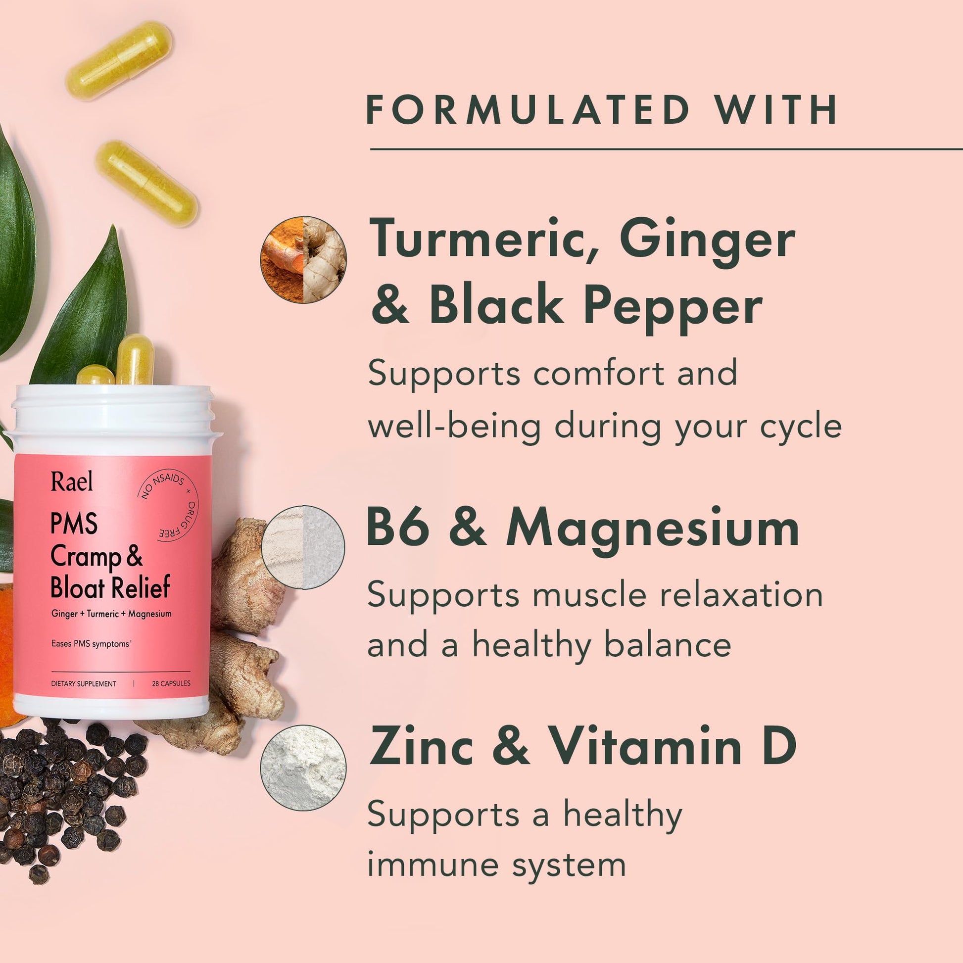 Rael PMS Supplement, Hormone Balance for Women, Relief from Menstrual Cramps with Turmeric, Ginger, Magnesium (28 Capsules) - Maple Wellness Supplements