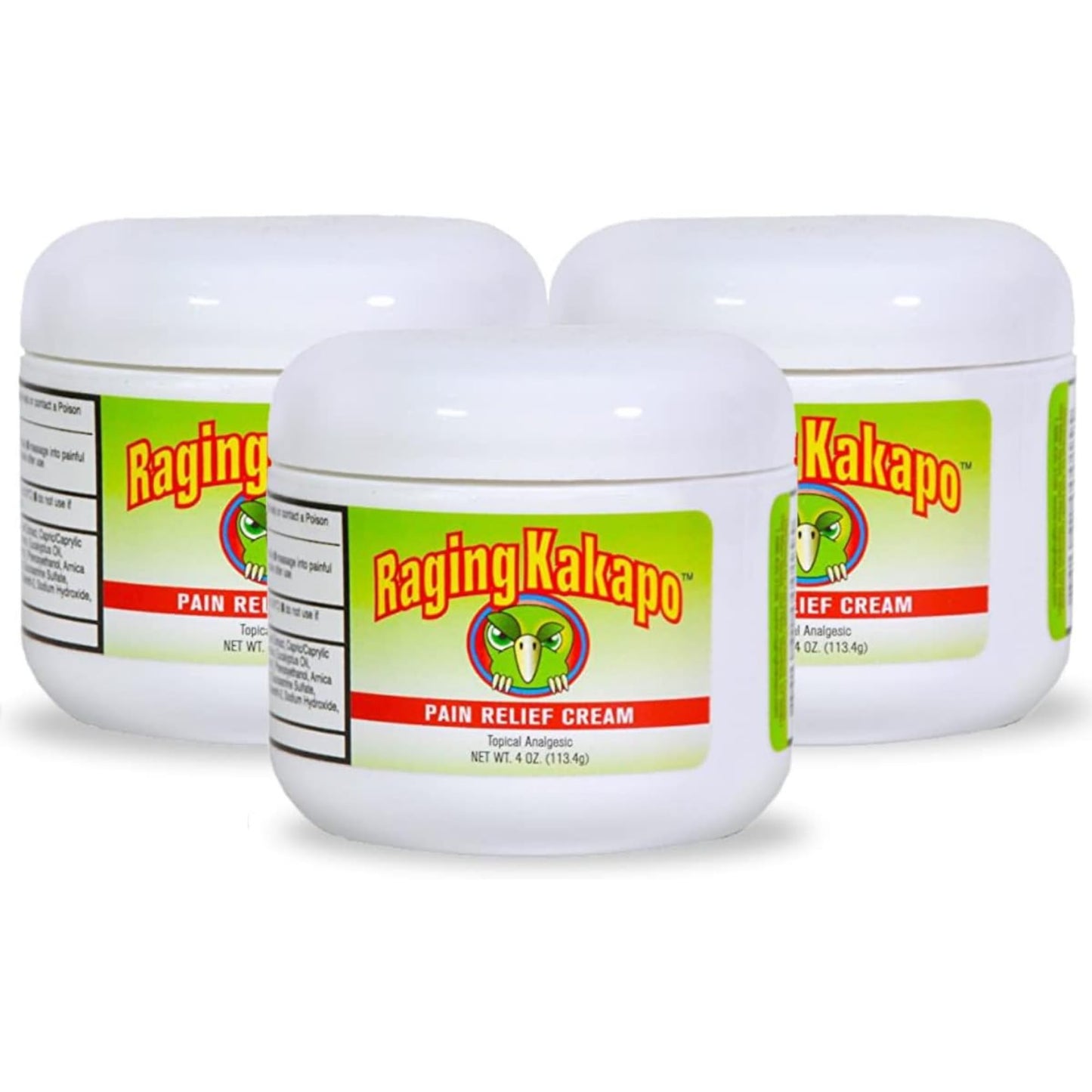 Raging Kakapo Pain Relief Cream 3 Pack - Sore Muscles, Joint Pain & Aches - Odor Free, Non-Greasy Pain Cream - Histamine Dihydrochloride, Capsaicin, Emu Oil, Arnica & More, 4 oz. Jar - Maple Wellness Supplements