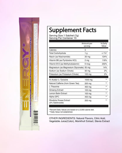Raised Energy+ Nootropic Drink Mix | 200mg Natural Caffeine + L-Theanine | Zero Sugar | Clean Energy Powder for Focus, Mood & Motivation | 15 Stick Packs | Passion Fruit Flavor - Maple Wellness Supplements
