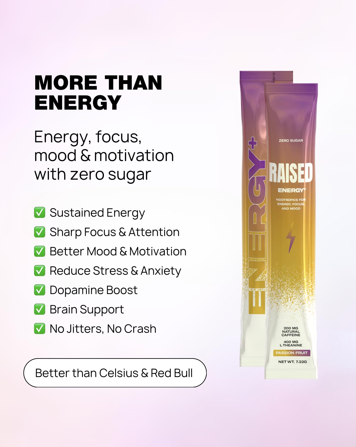 Raised Energy+ Nootropic Drink Mix | 200mg Natural Caffeine + L-Theanine | Zero Sugar | Clean Energy Powder for Focus, Mood & Motivation | 15 Stick Packs | Passion Fruit Flavor - Maple Wellness Supplements